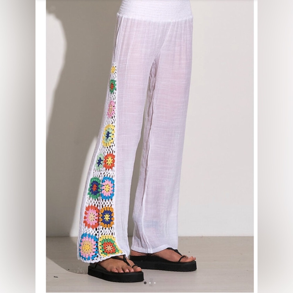 Elan
White Gauze Pants w/ Colorful Square Crochet Inserts by Elan - White